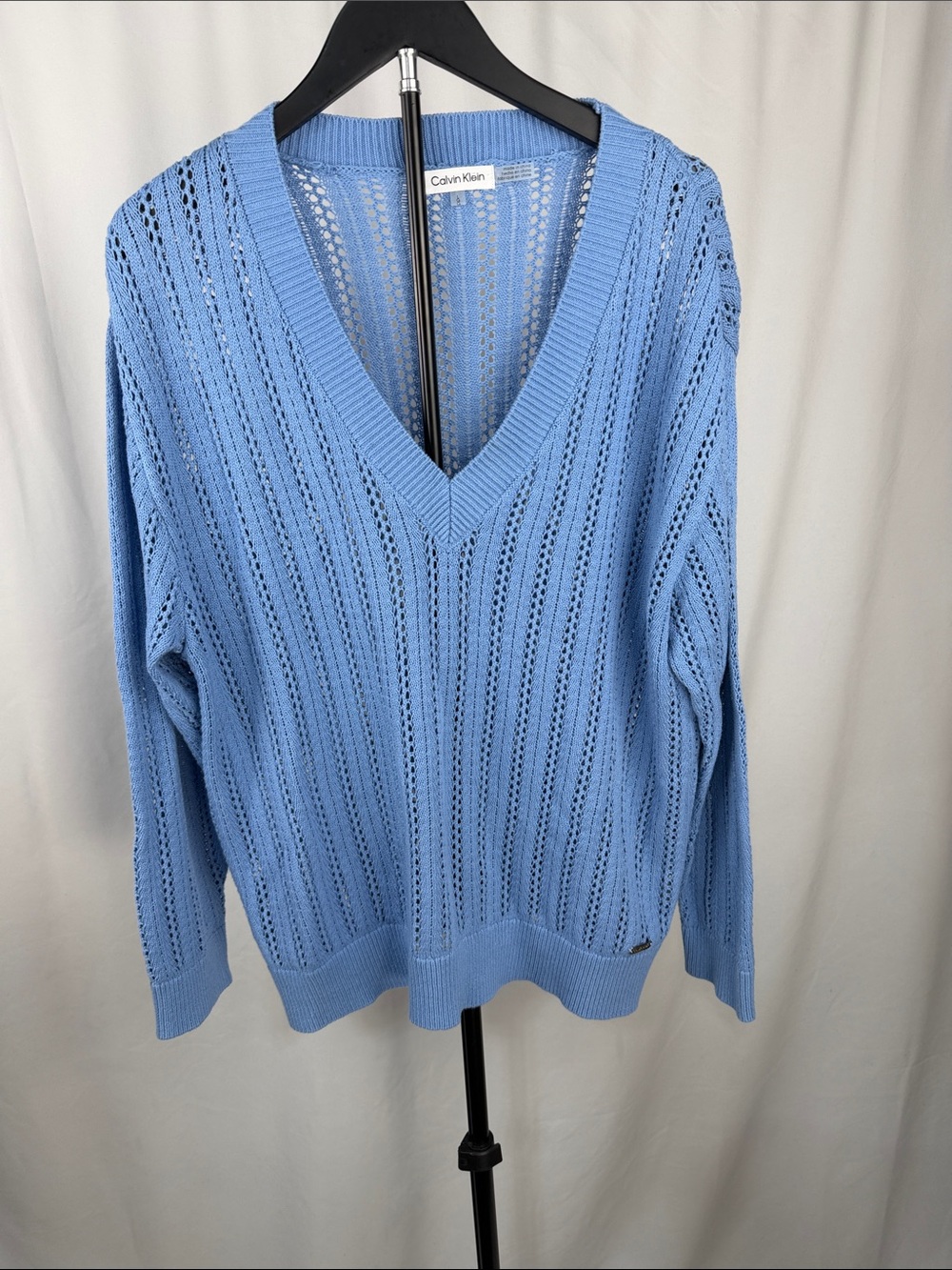 Calvin Klein Baby Blue Open Knit V-Neck Cotton Sweater – Size Large